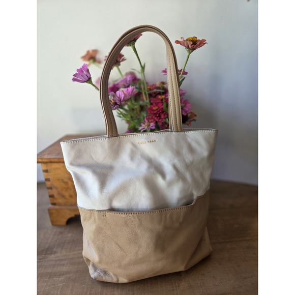 Cole Haan Handbags - Cole Haan White Tan Navy Leather Large Deep Tote Shoulder‎ Bag boho Handbag